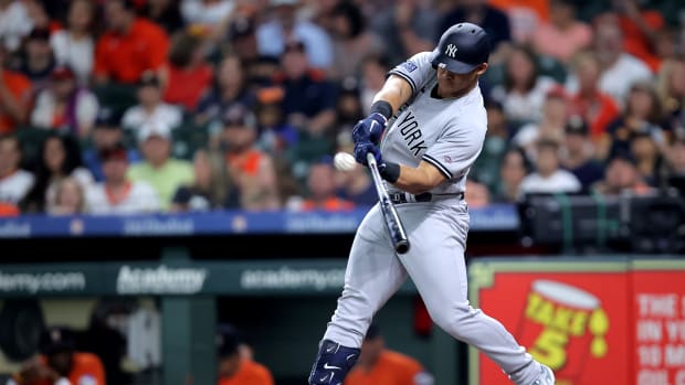 Sep 1, 2023; Houston, Texas, USA; New York Yankees center fielder Jasson Dominguez (89) hits a two-run home run home run to left field against the Houston Astros during the first inning at Minute Maid Park. Mandatory Credit: Erik Williams-USA TODAY Sports  